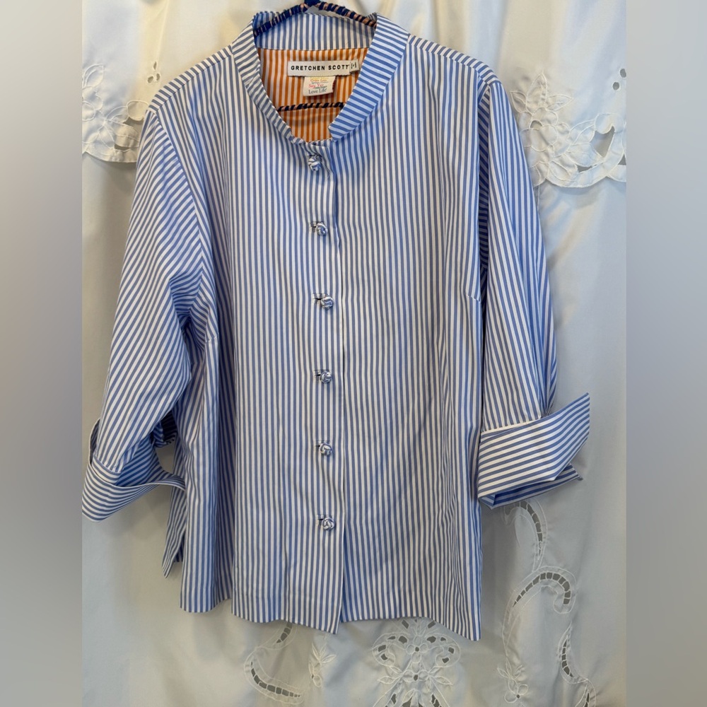 Gretchen Scott Blue and White Striped Shirt with 3/4 sleeves